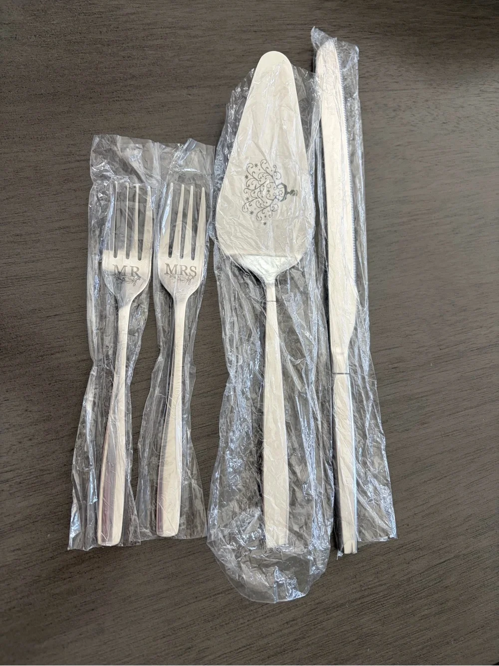 Wedding Mr & Mrs Stainless Steel Silver Cake Server & Fork Set - Silver